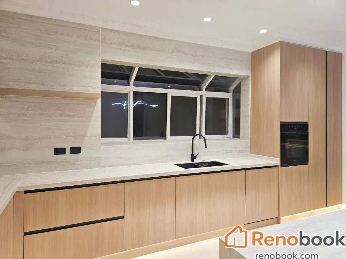 Modern light wood kitchen with fluted island and integrated appliances in Melbourne VIC, Australia