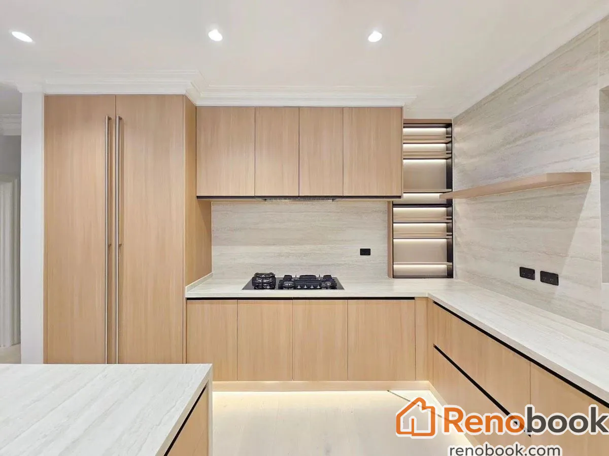 Modern light wood kitchen with fluted island and integrated appliances in Melbourne VIC, Australia