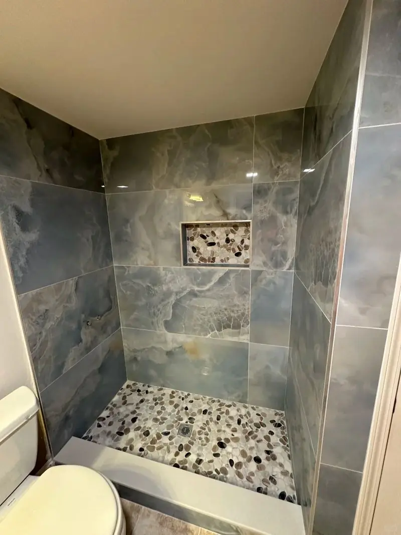 Modern Blue Tile Walk-In Shower Remodel – Atlanta