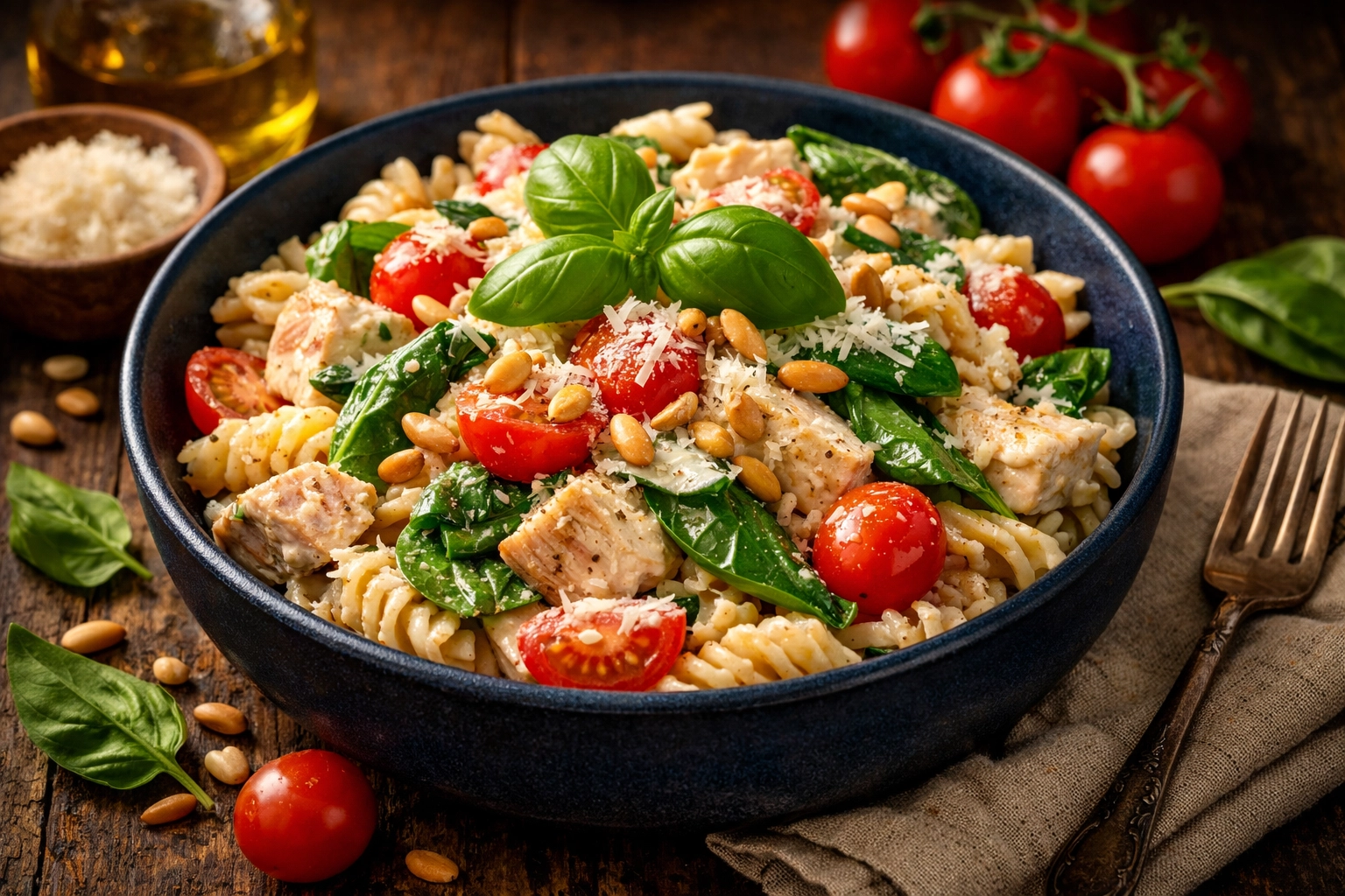 Cremet Pastasalat med Kylling og Rød Pesto