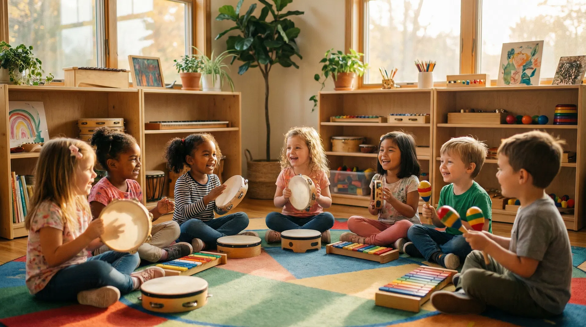 Children playing musical instruments in a classroom