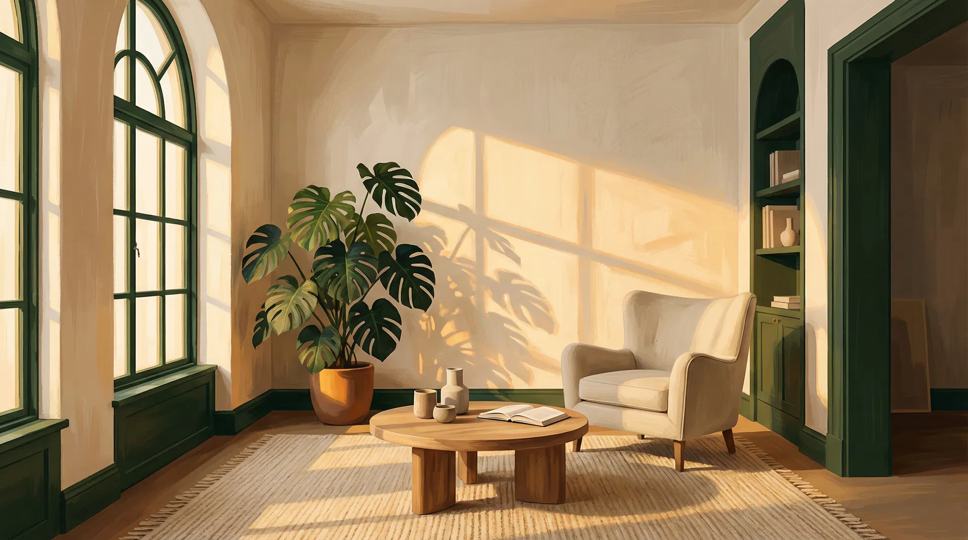 Warm, light-filled therapy room with green plants and golden sunlight