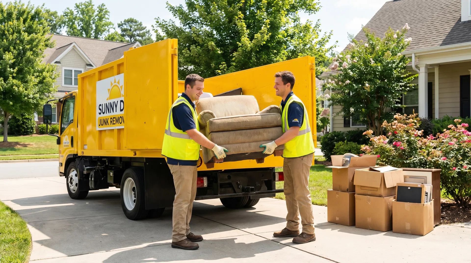 Professional junk removal team loading furniture into truck