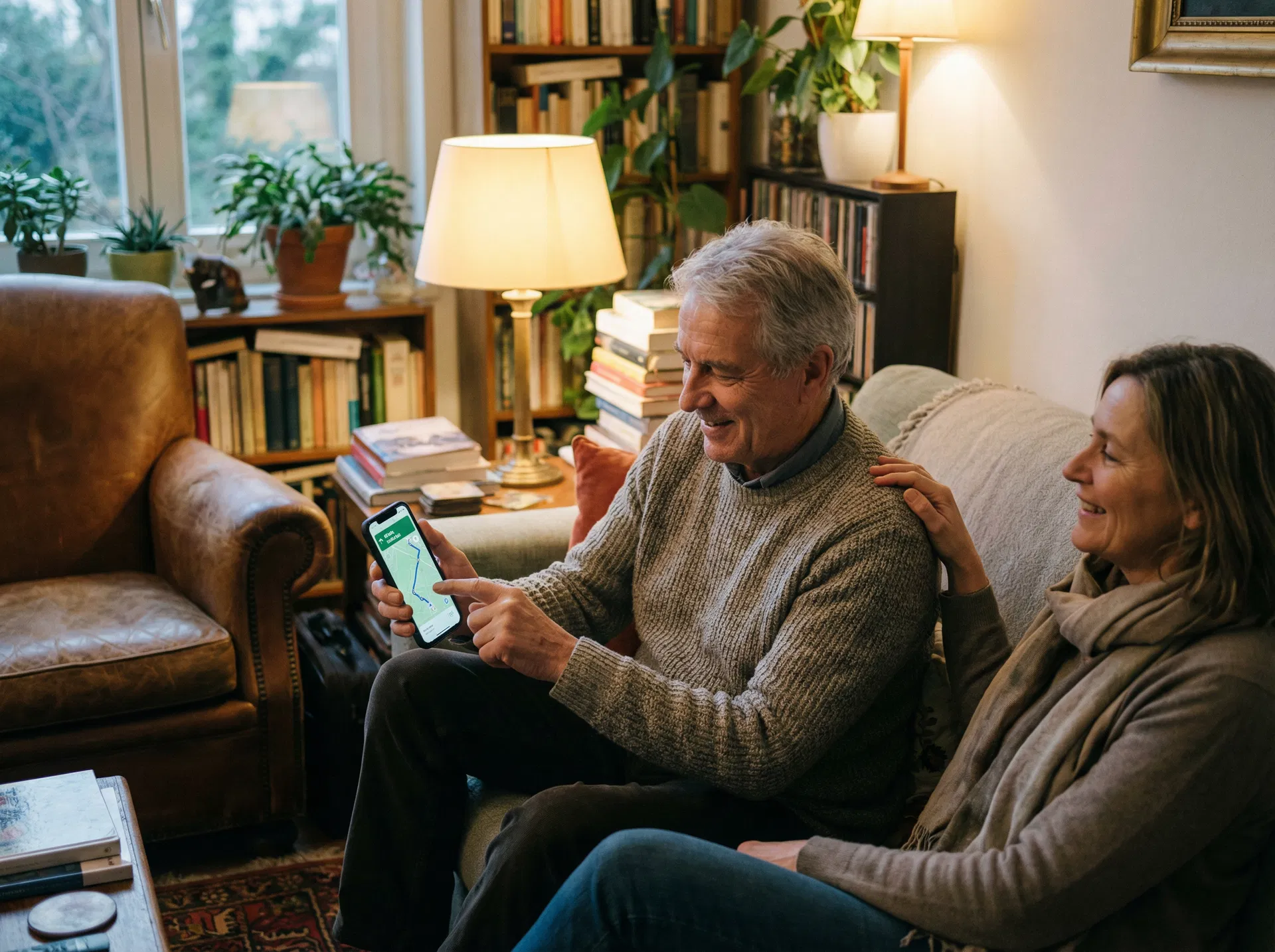 Older couple smiling together while checking the Find My app on their phone