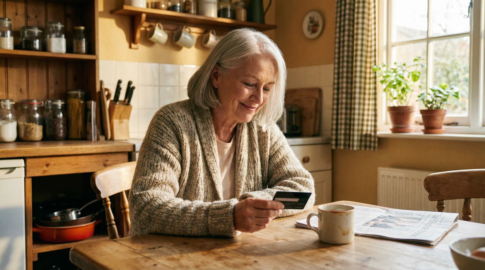 Grandmother holding a Spotminders tracking card at her kitchen table