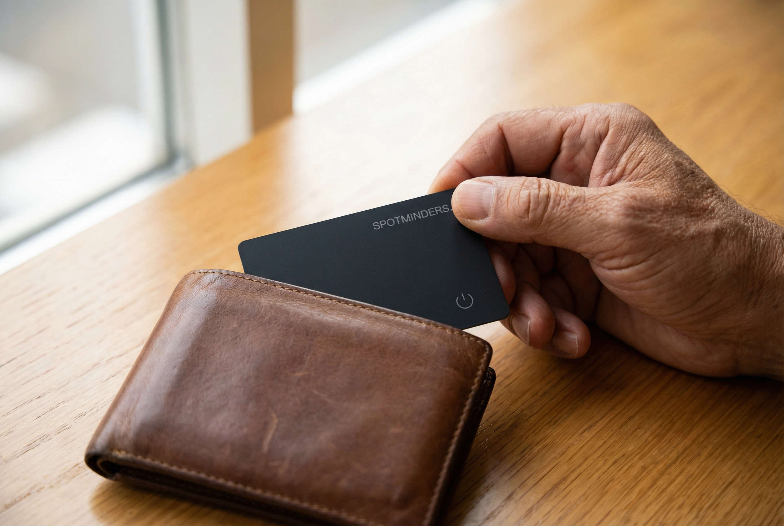 Spotminders tracking card being slid into a leather wallet