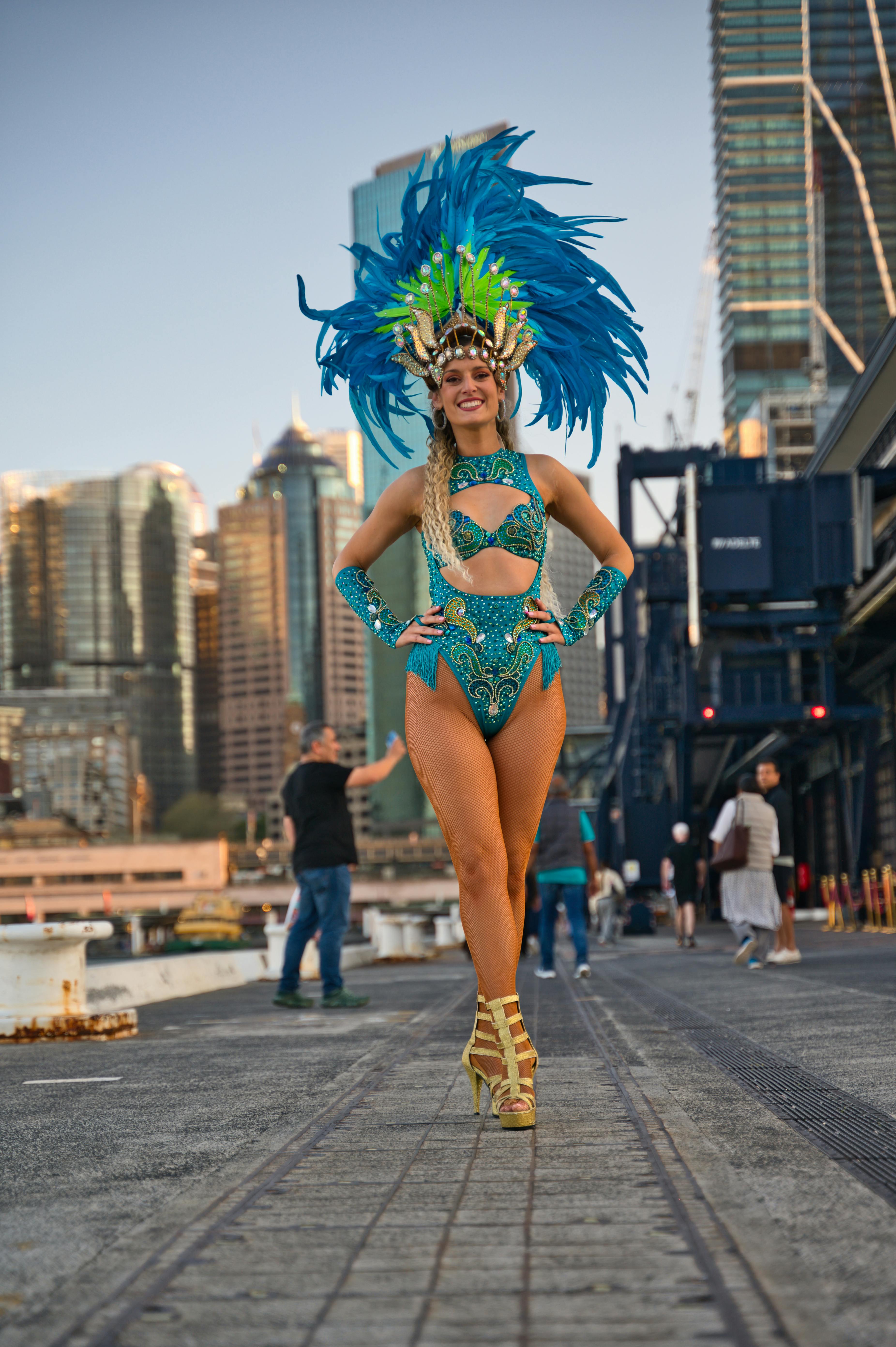 Smiling Woman in Carnival Costume on Urban Pier