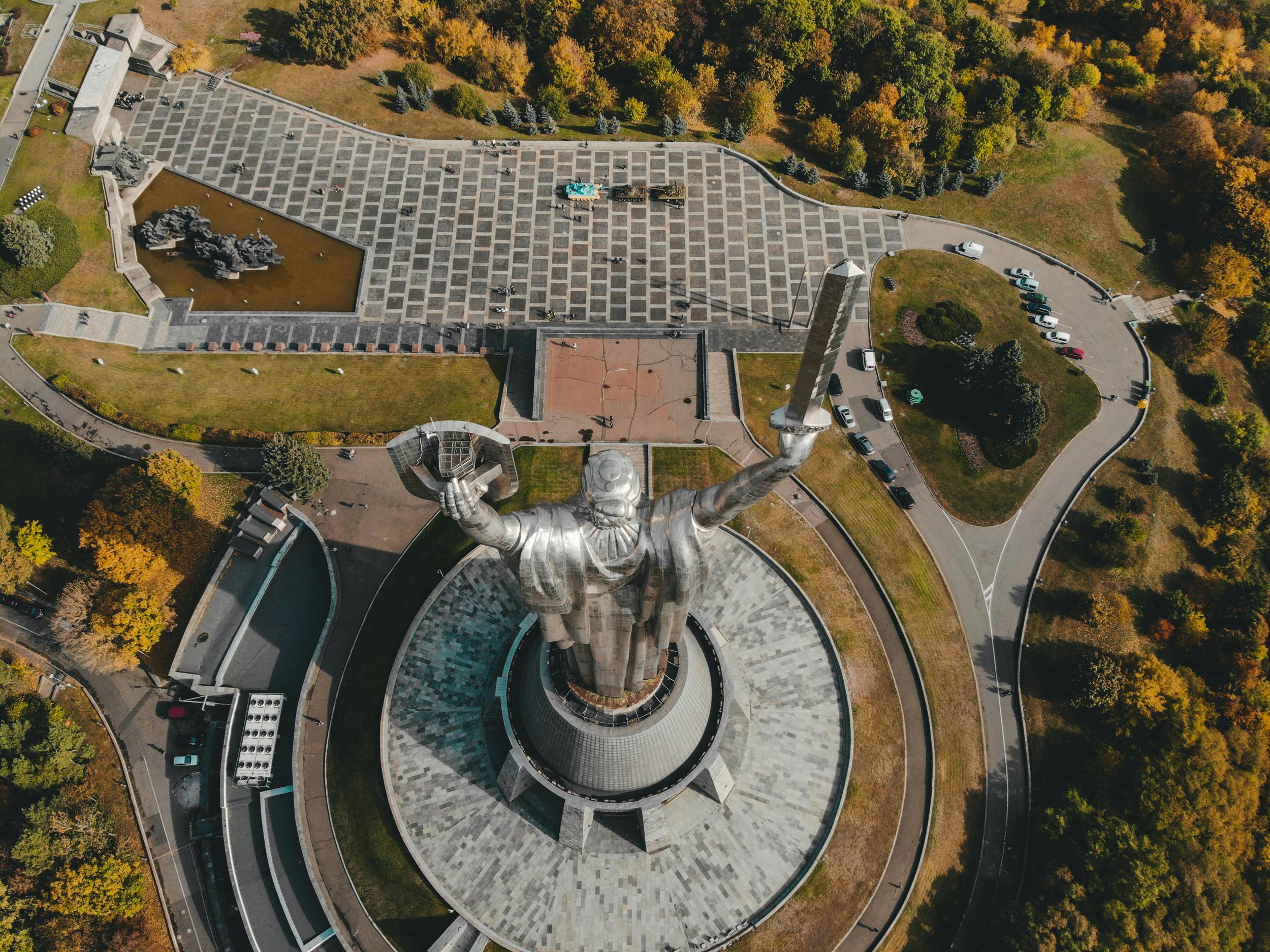 Aerial view of Motherland Monument in autumn