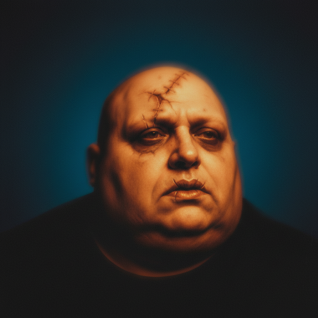 Bald man with stitches on forehead and lips