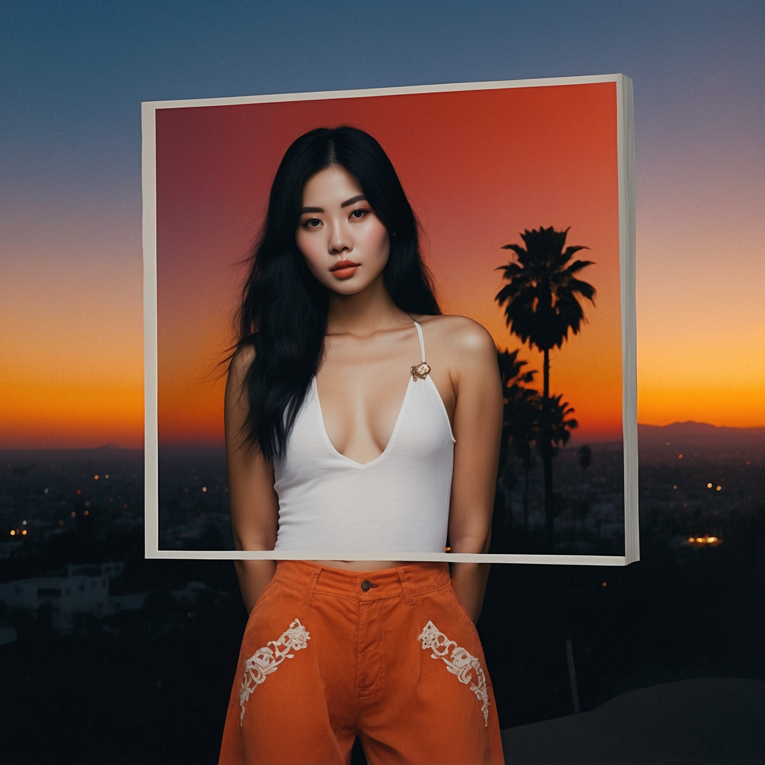 Woman in white top, orange pants at sunset