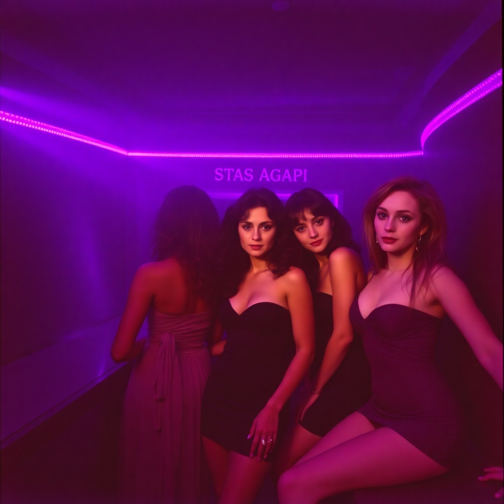 Four women in a purple-lit club