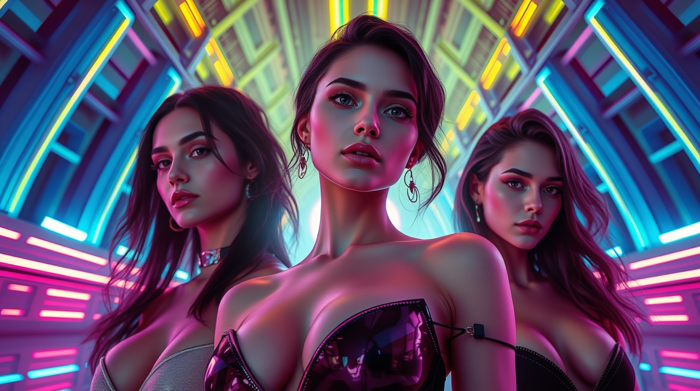 Three Glamorous Women in Neon Cyberpunk