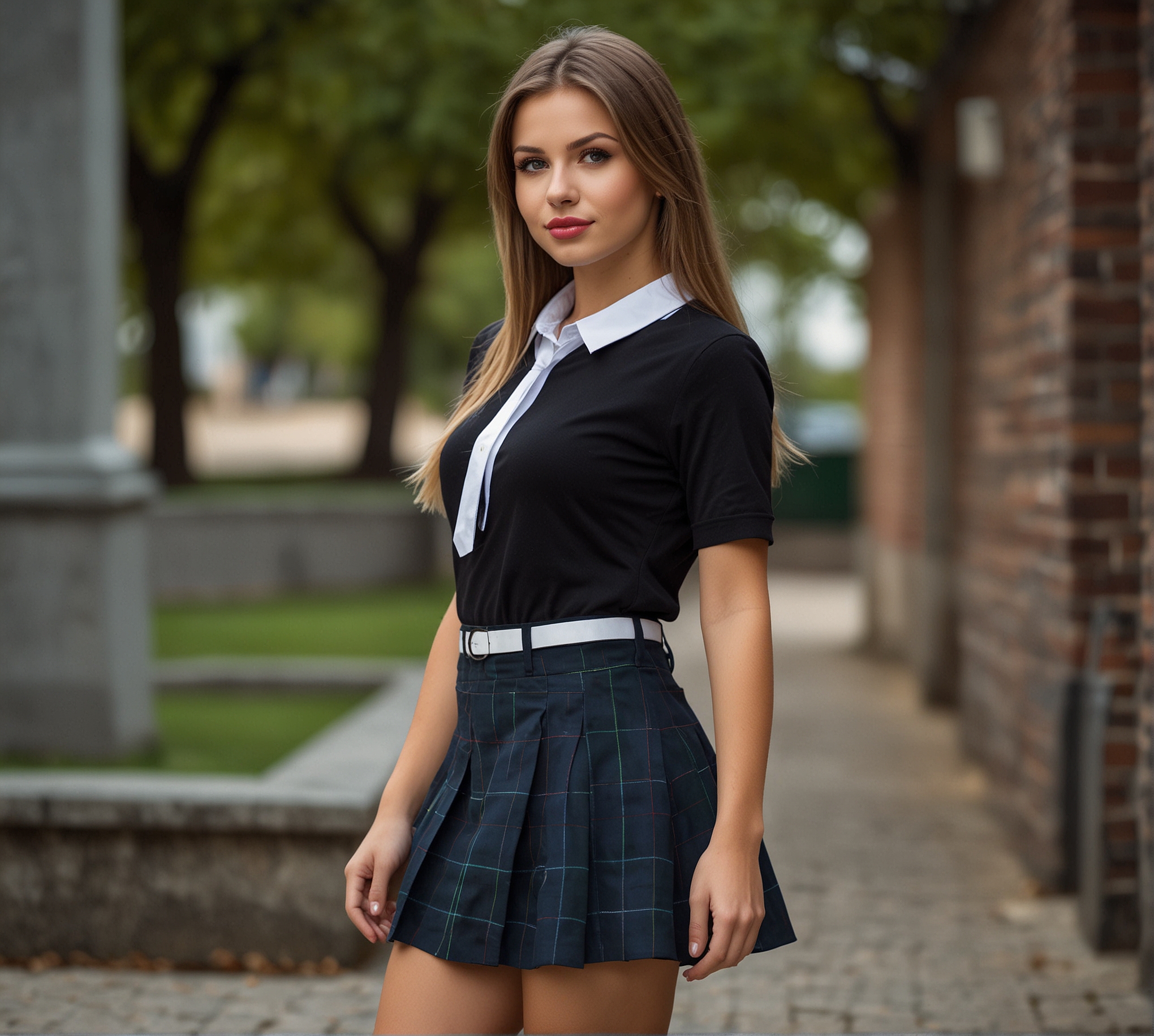 Young woman in black polo and plaid skirt