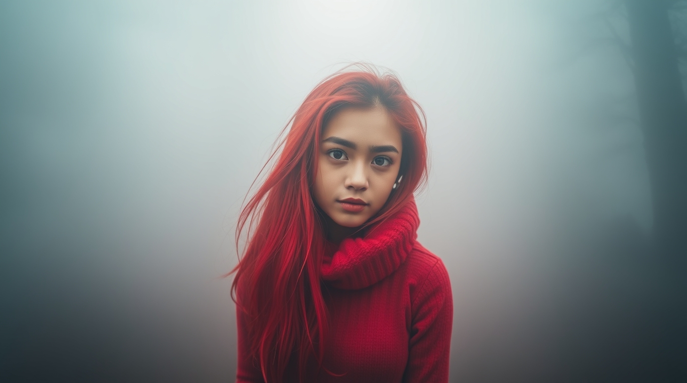 Red-haired woman in foggy forest