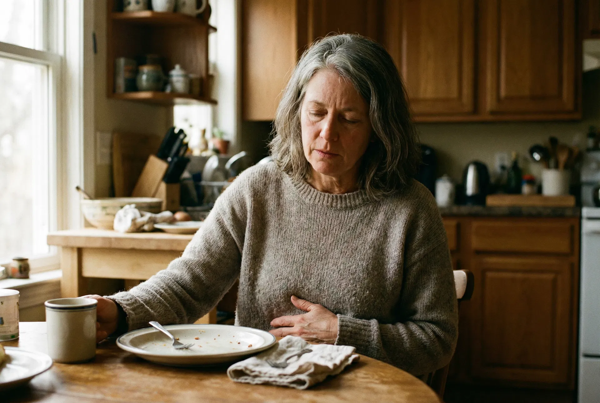 Woman sitting at kitchen table, hand on stomach, uncomfortable after eating