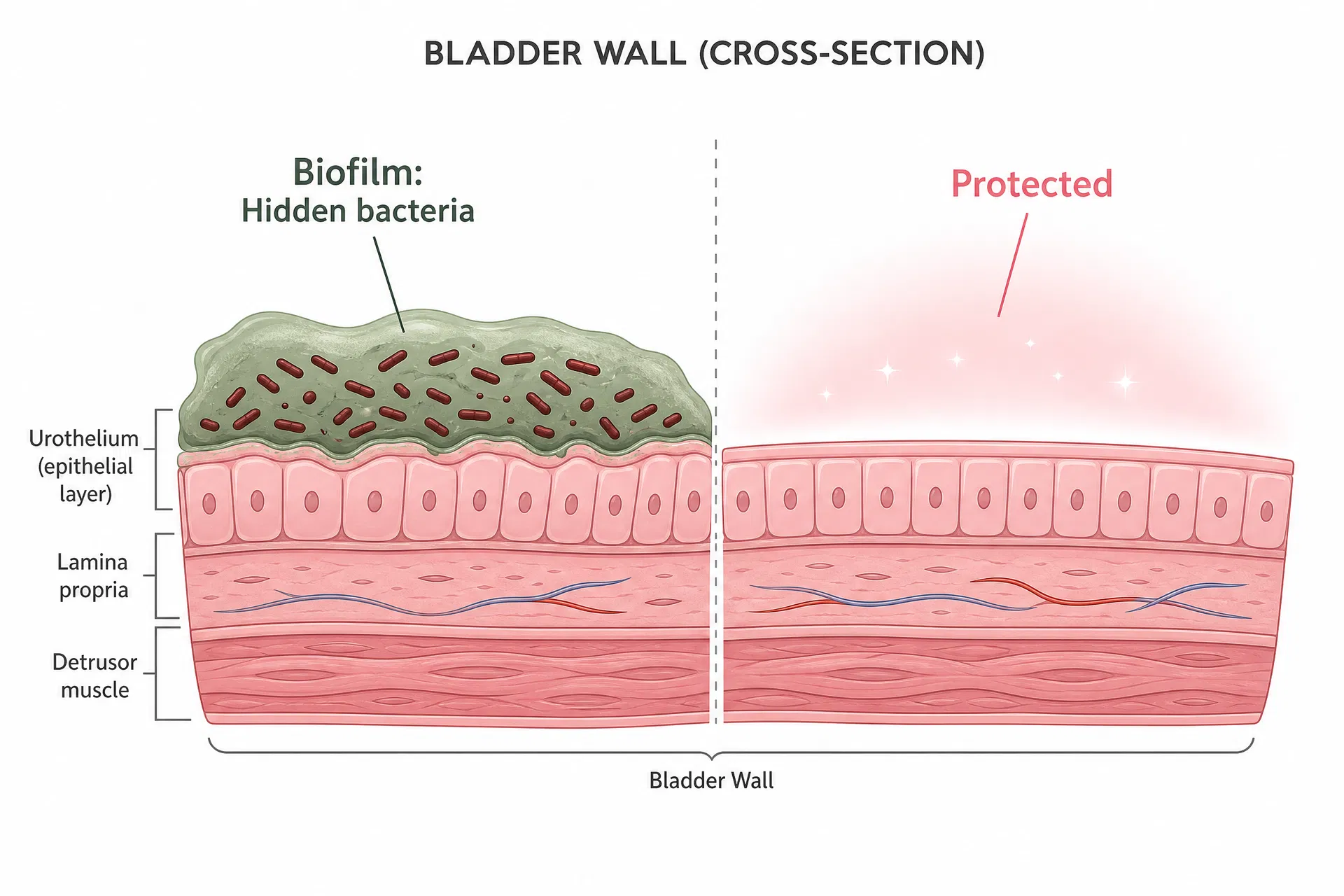Bacteria hiding behind biofilm survive cranberry and antibiotics — D-Mannose draws them out.