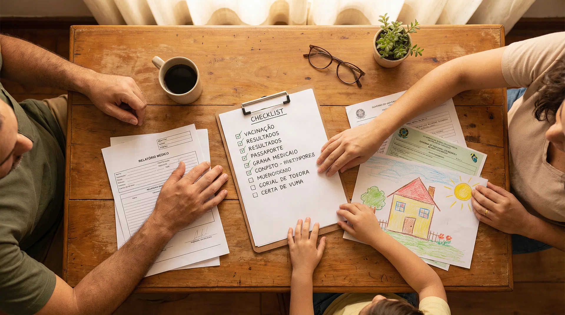 Família organizando documentos