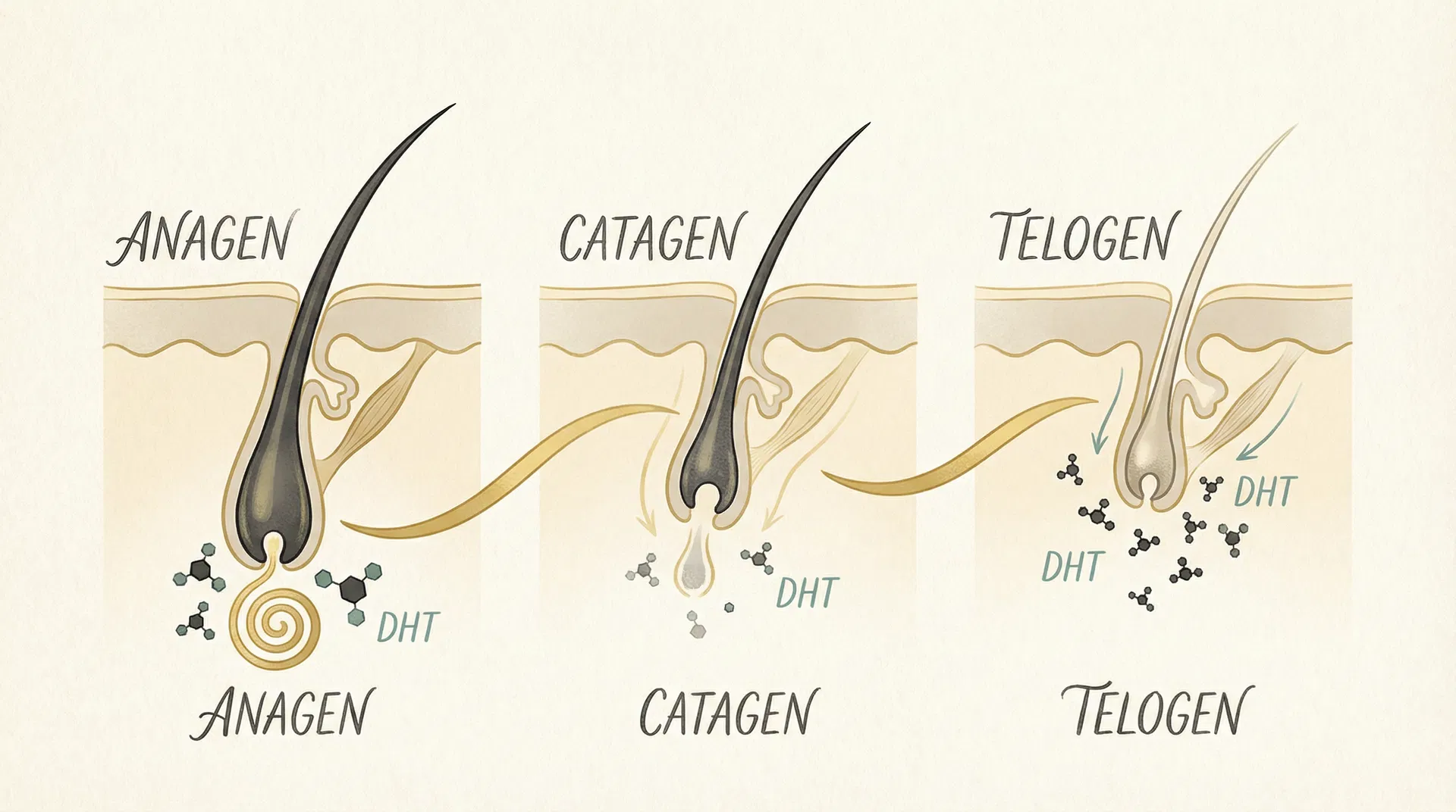 Hair growth cycle showing anagen, catagen, and telogen phases with DHT impact