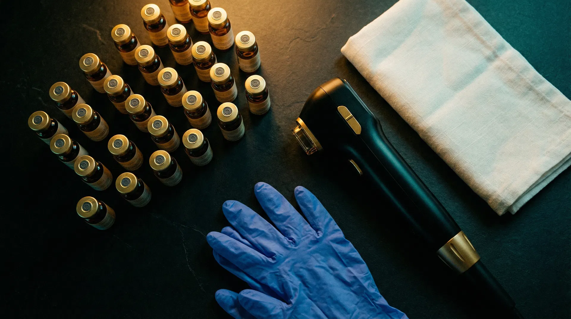 Treatment setup with serum vials and medical equipment