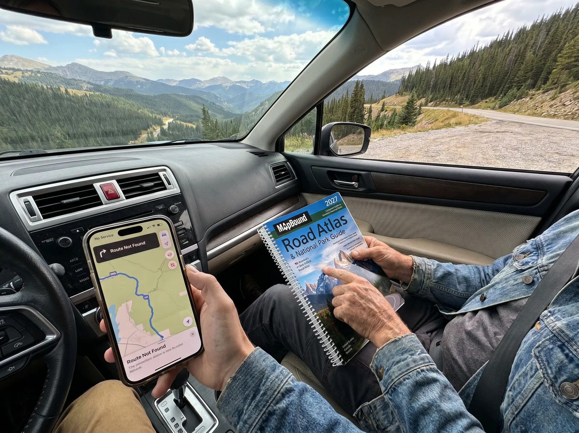 Traveler comparing a failed phone route with the MapBound atlas inside a parked car