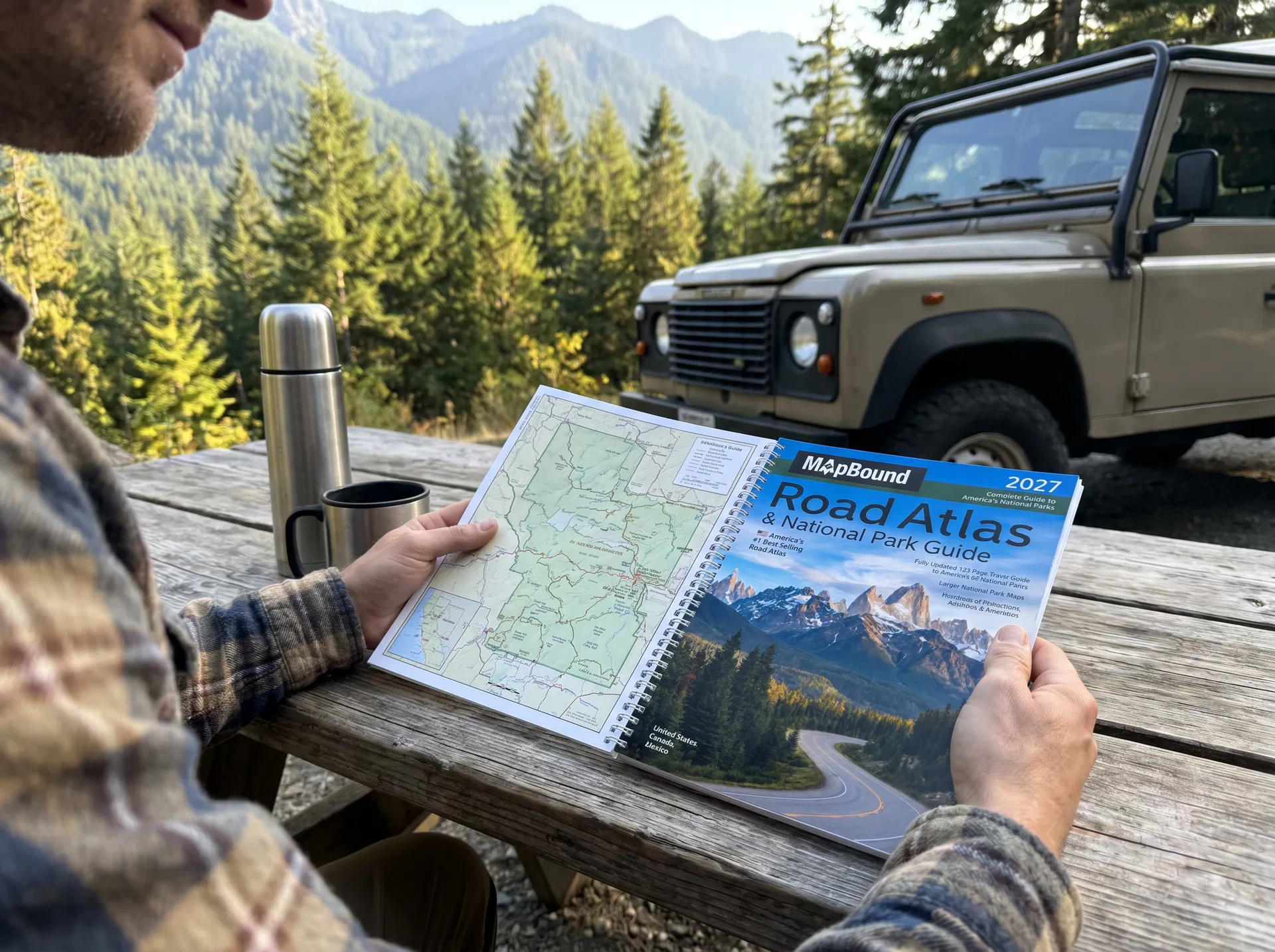 Traveler using the MapBound atlas at a scenic roadside table before continuing the drive