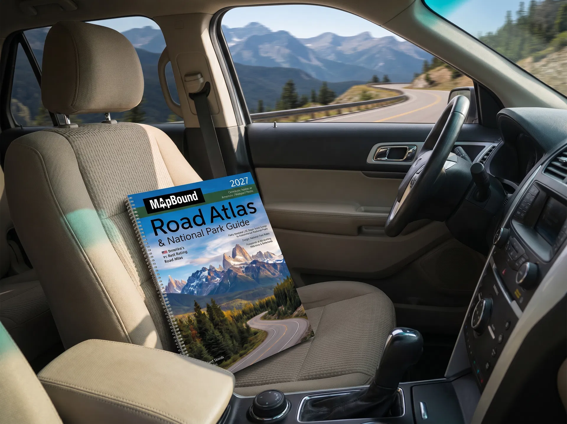 Open spiral-bound road atlas on the passenger seat while driving through a dramatic American landscape