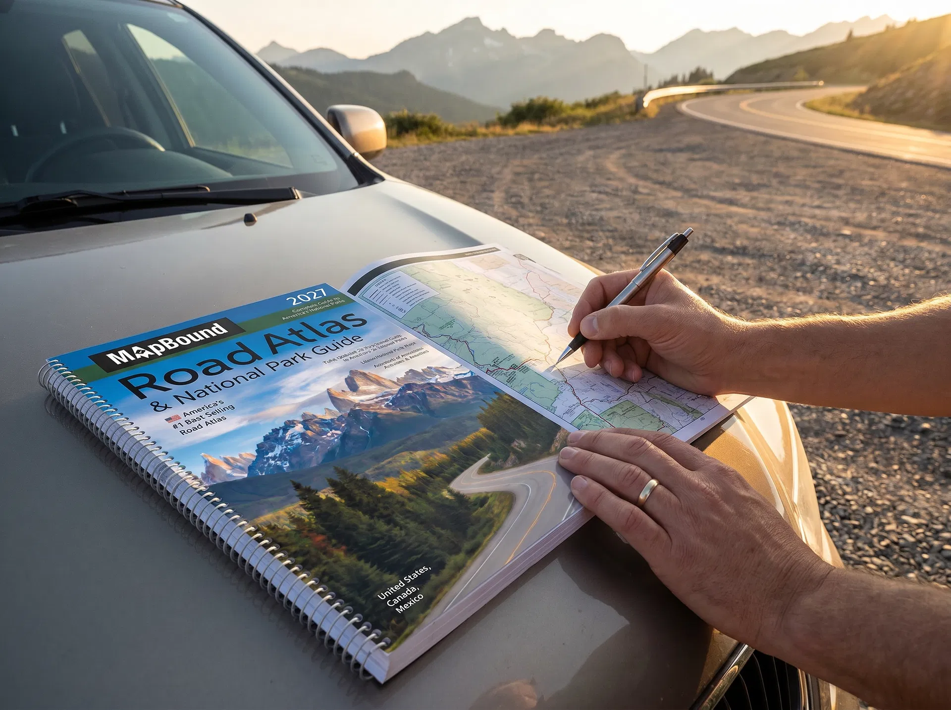 Road tripper planning a route on a spiral-bound atlas across the hood of a car
