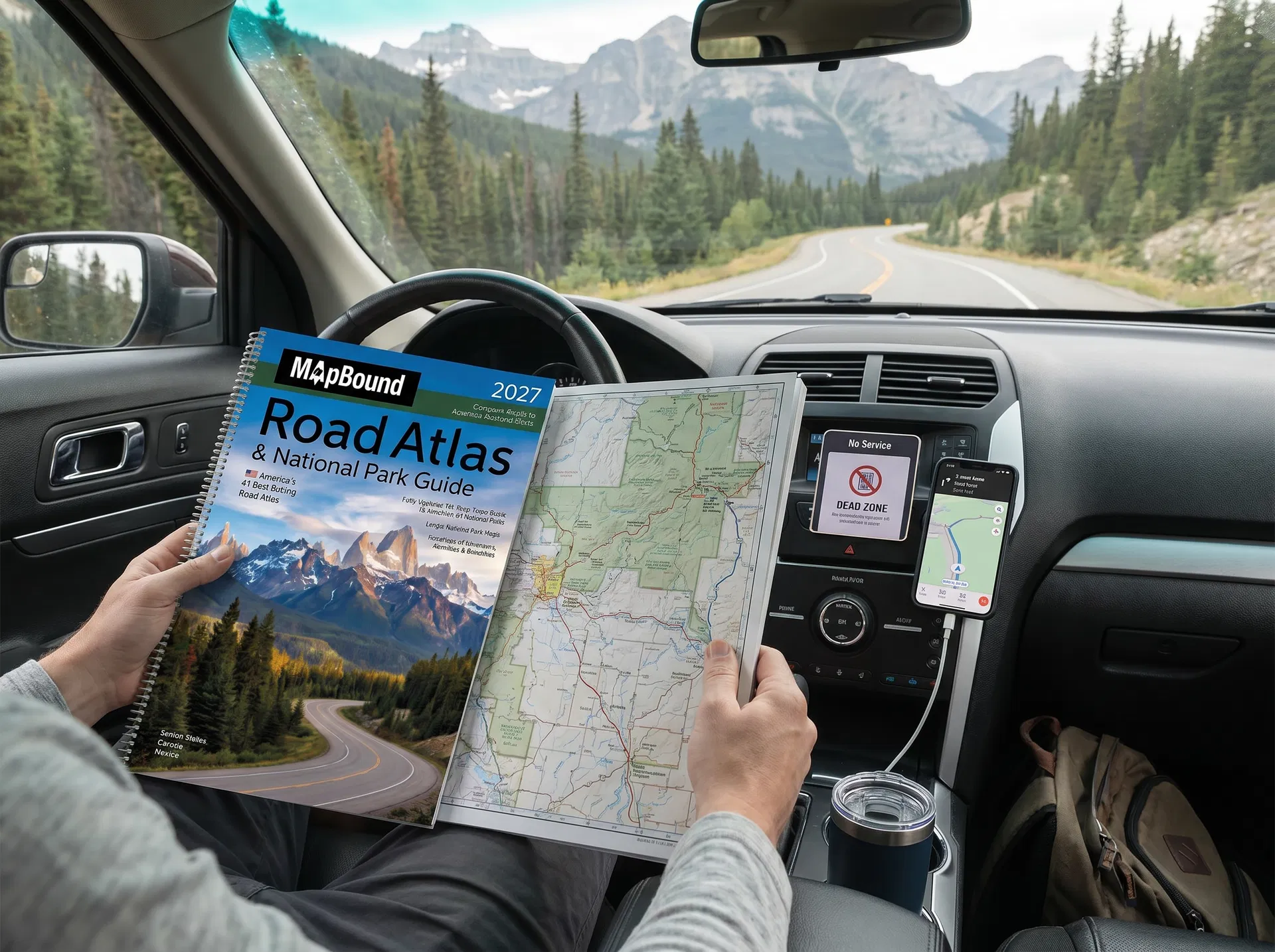 Driver calmly using a spiral-bound atlas in a no-signal national park area