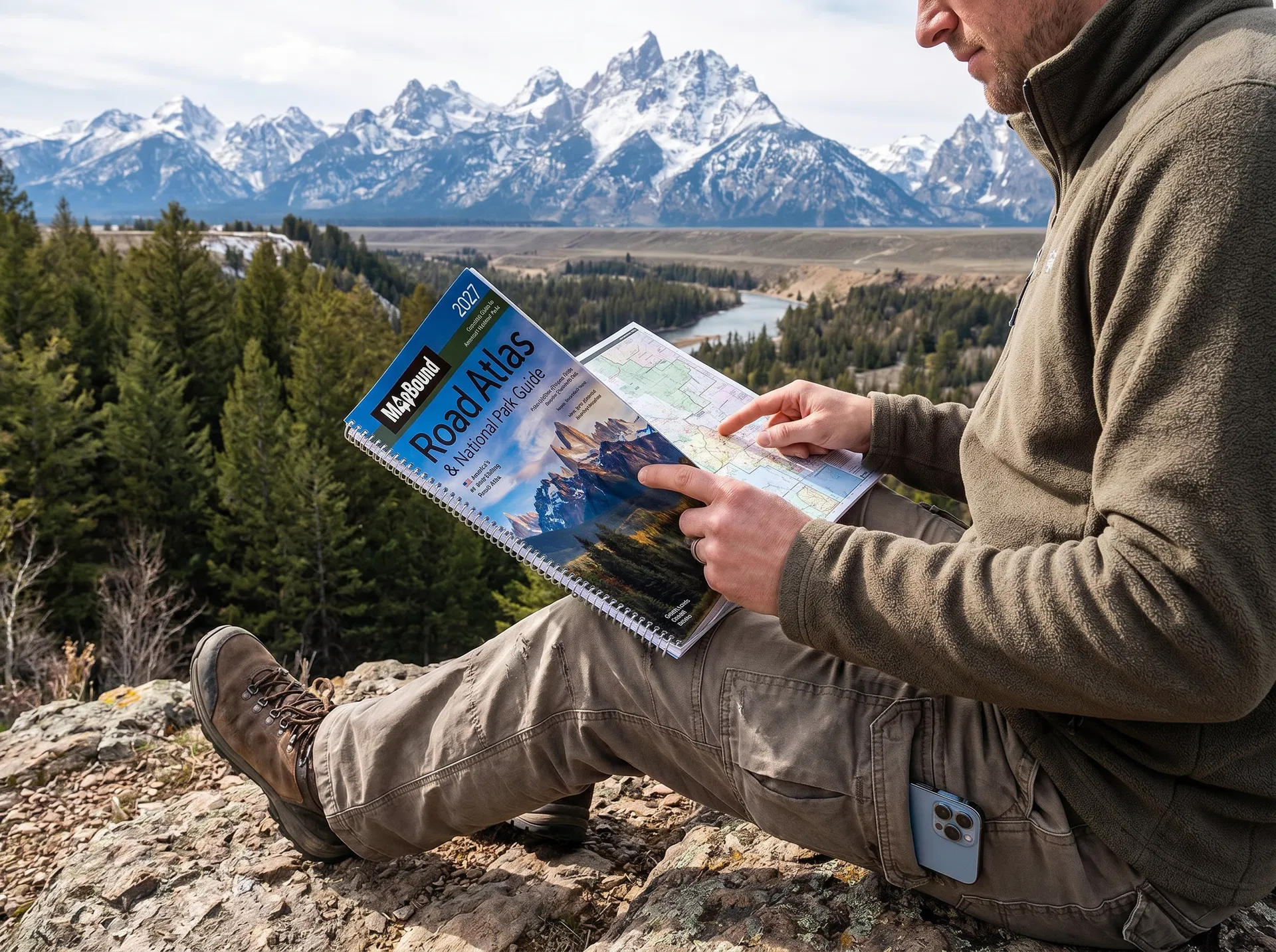 Driver at a national park viewpoint planning from a spiral-bound atlas
