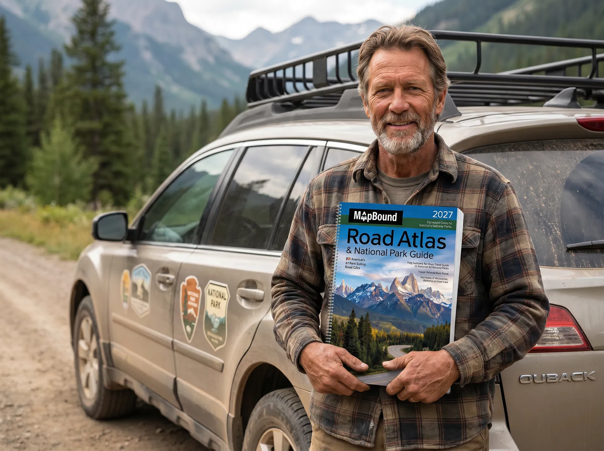 Experienced road tripper holding a spiral-bound atlas beside a well-traveled car