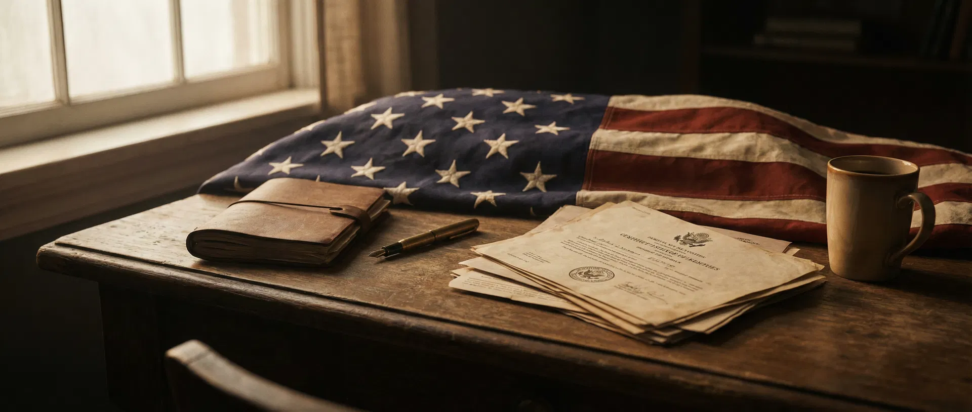 Veteran's desk with American flag and documents