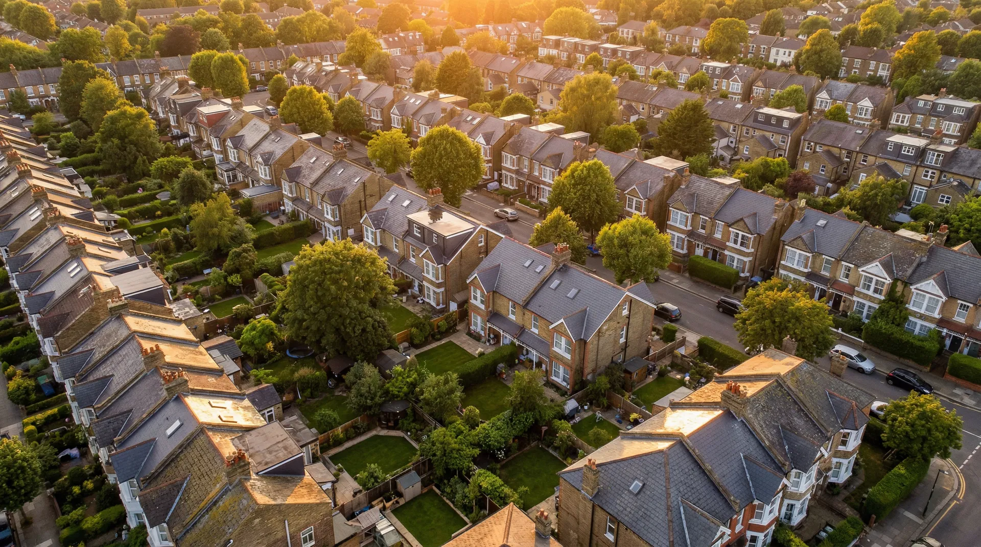 Aerial view of British suburban neighbourhood with clean roofs