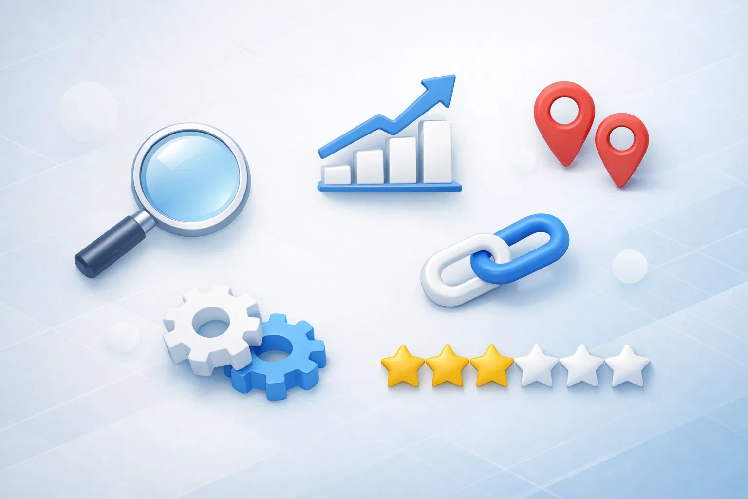 Servicii SEO moderne 2026 – instrumente și elemente vizuale SEO: lupă, grafic de creștere, link-uri, recenzii – Agentie SEO Lupeni