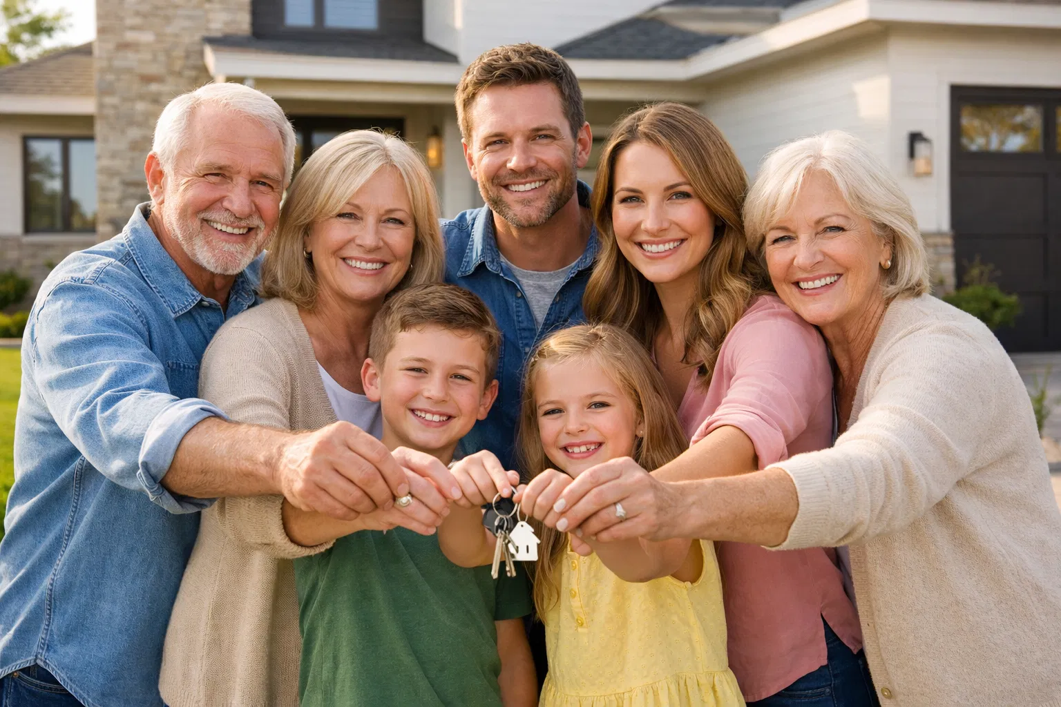 Família multi-geração segurando as chaves da casa nova