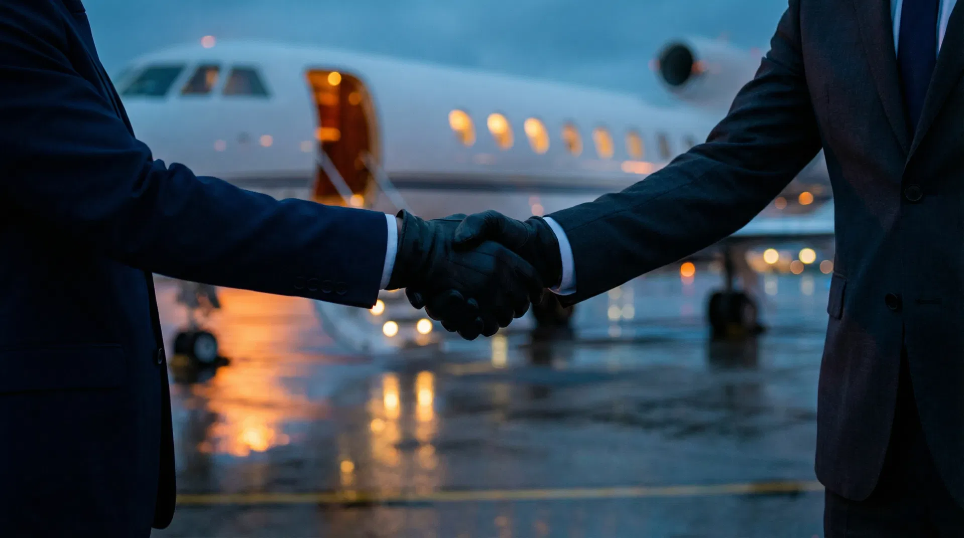 Two professionals shaking hands on the tarmac