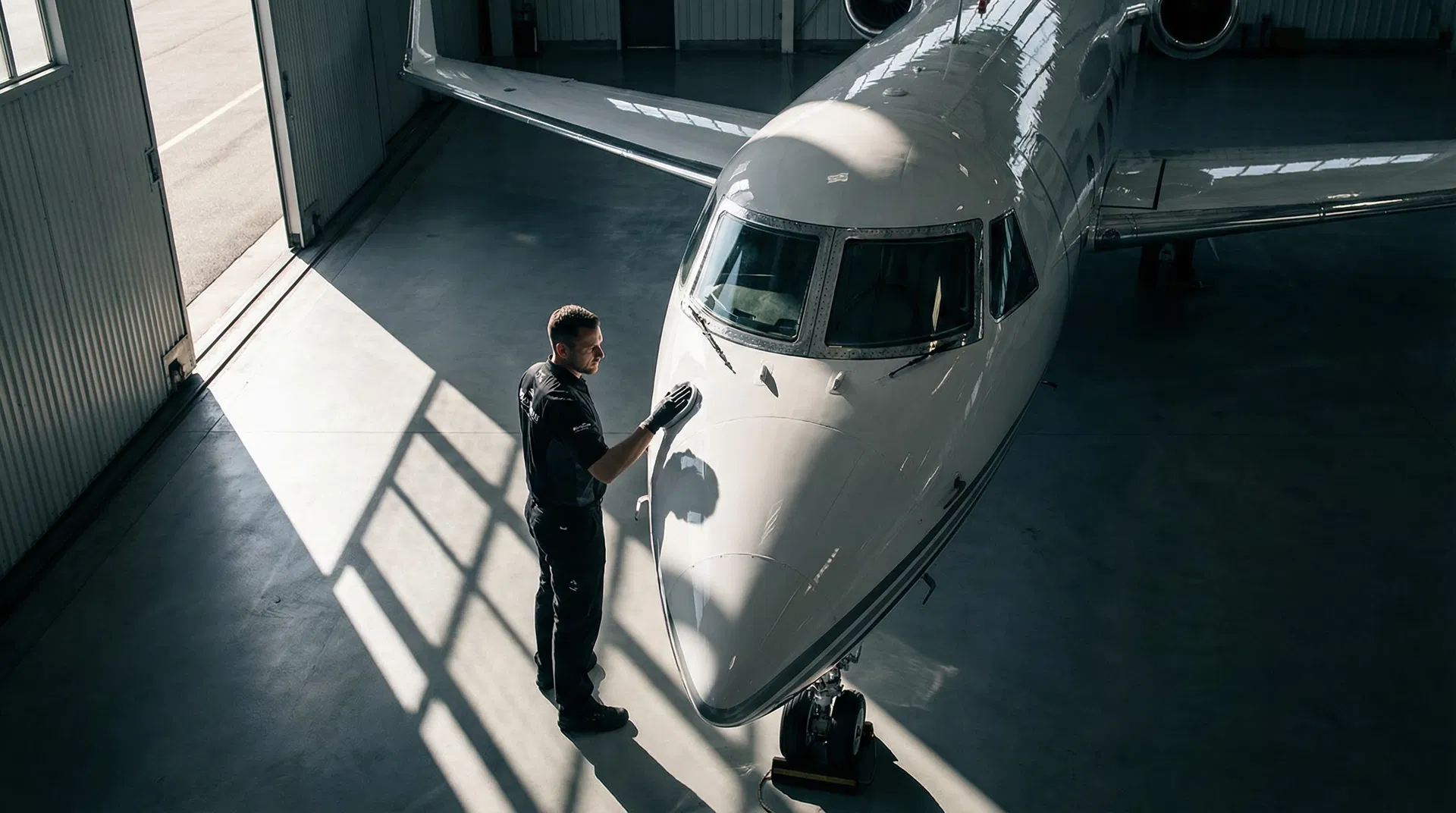 Aircraft detailer working on private jet in hangar