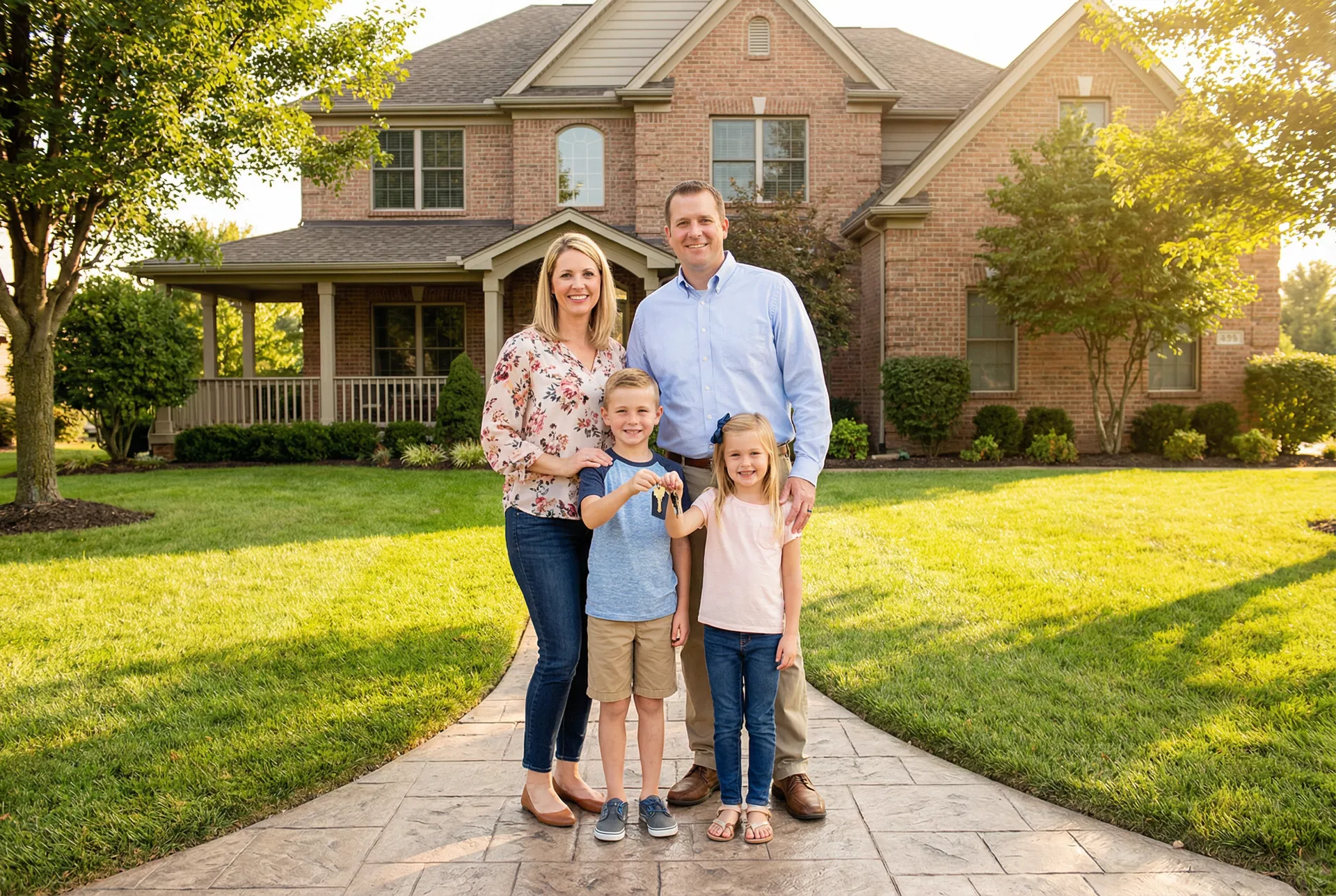 Happy family in front of their new home
