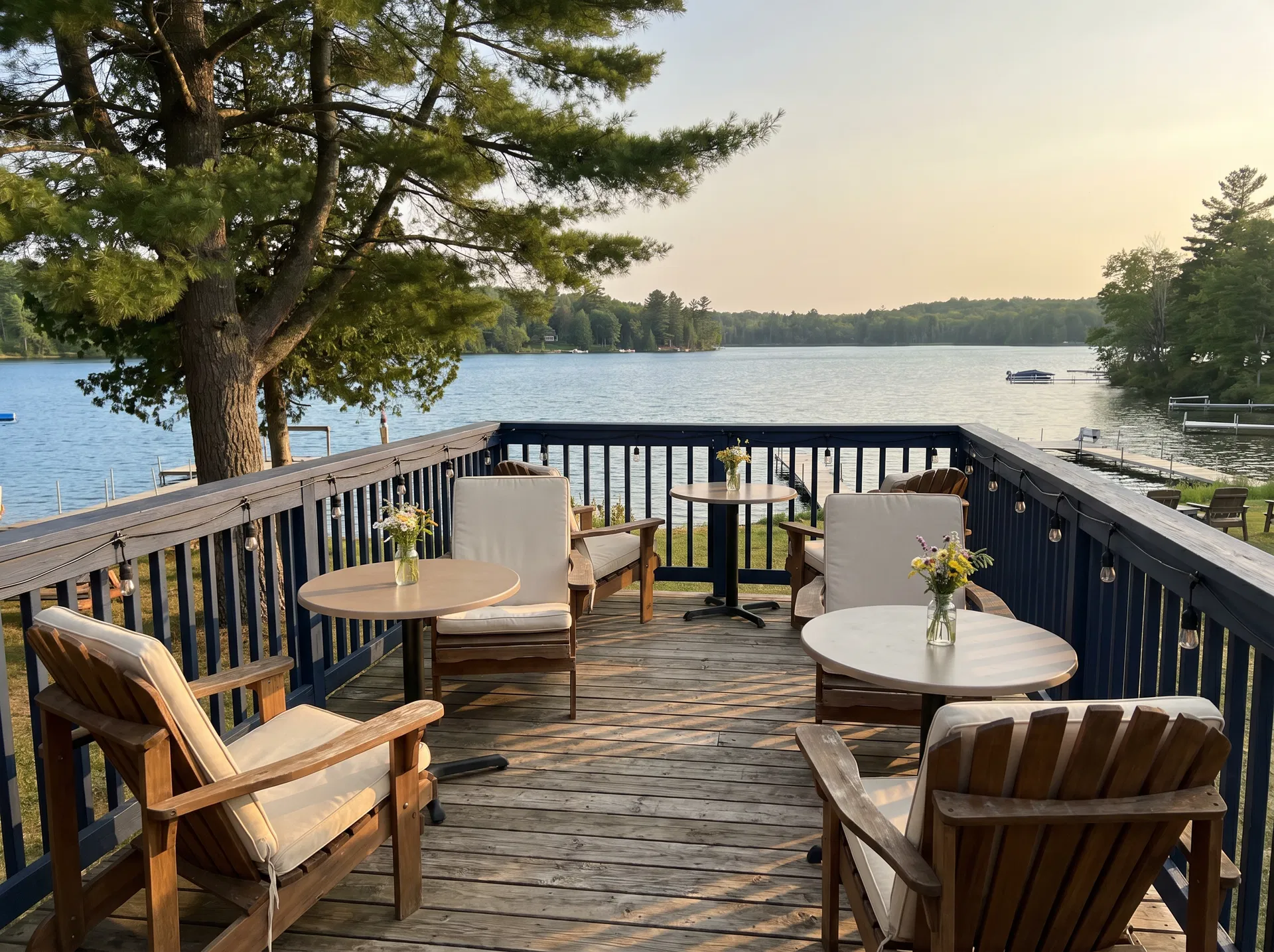 Lakeside patio at golden hour