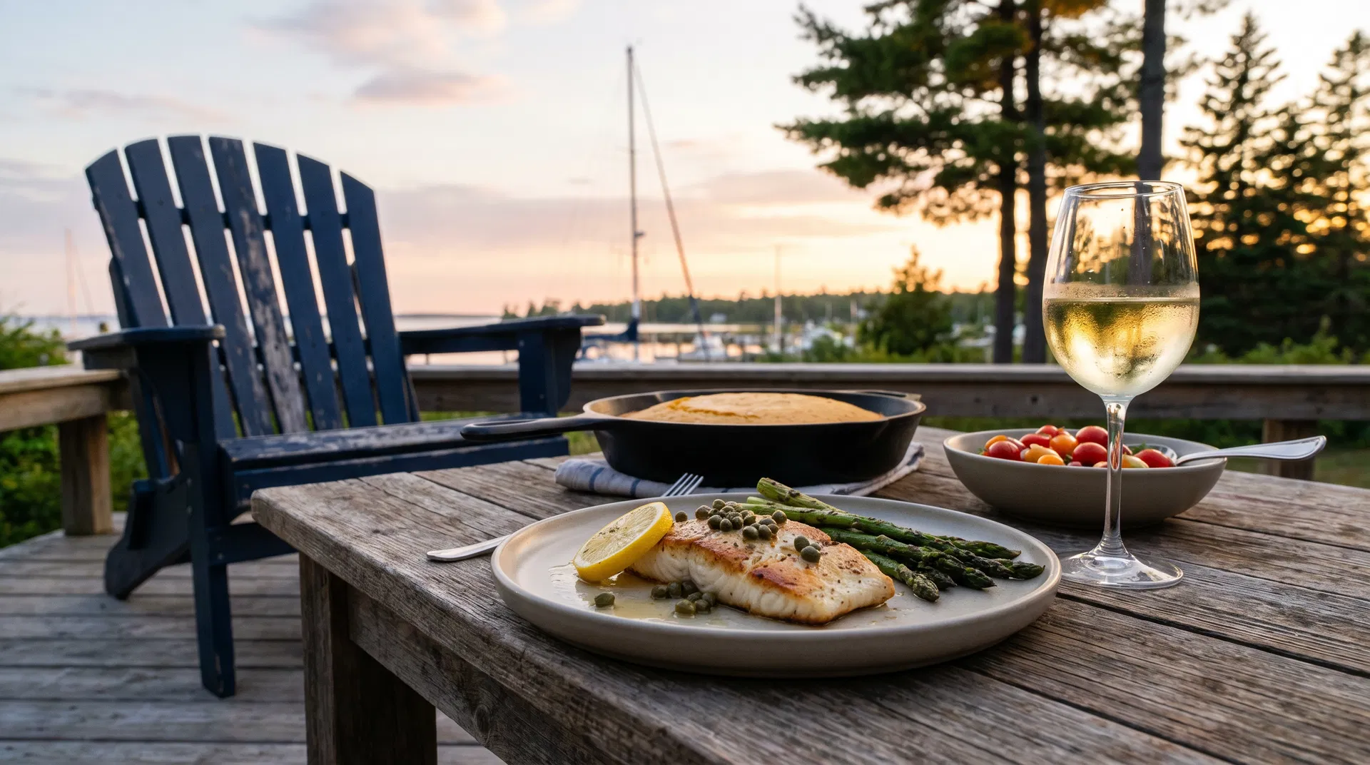 Lakeside dining table with pan-seared whitefish at sunset in Northern Michigan