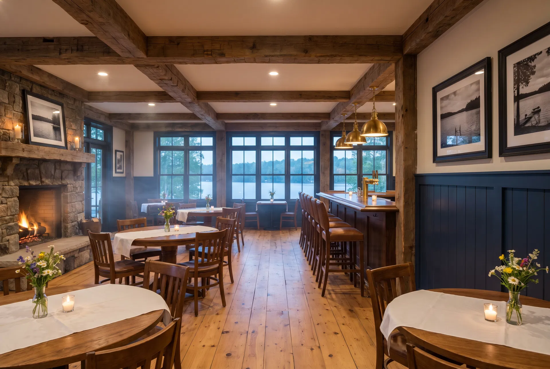 Warm interior of North Shore Grill with exposed beams, navy wainscoting, and a stone fireplace