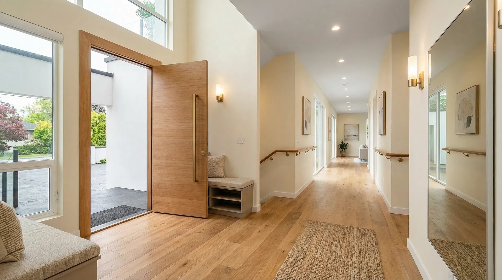 A bright, accessible home interior with wide doorways, natural light, and forest green accents — designed for everyone