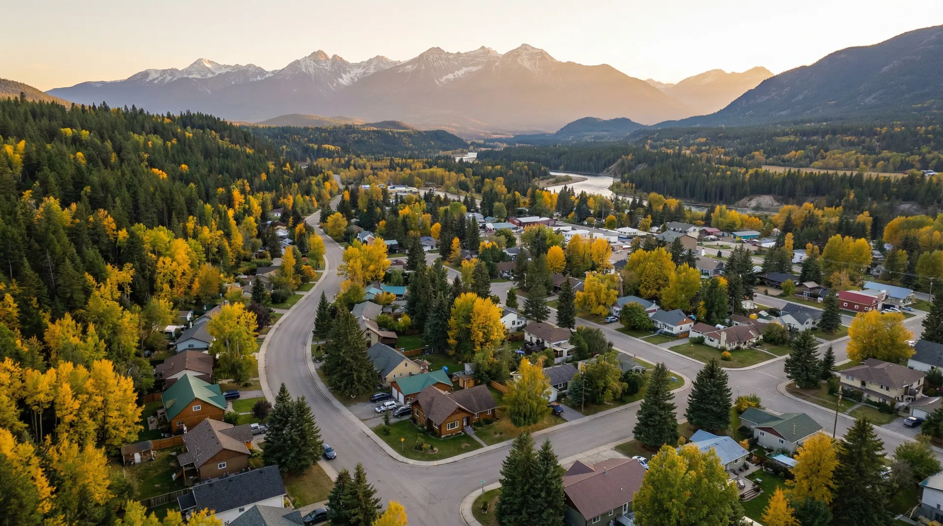 Aerial view of Cranbrook BC neighbourhood with Rocky Mountains in the background