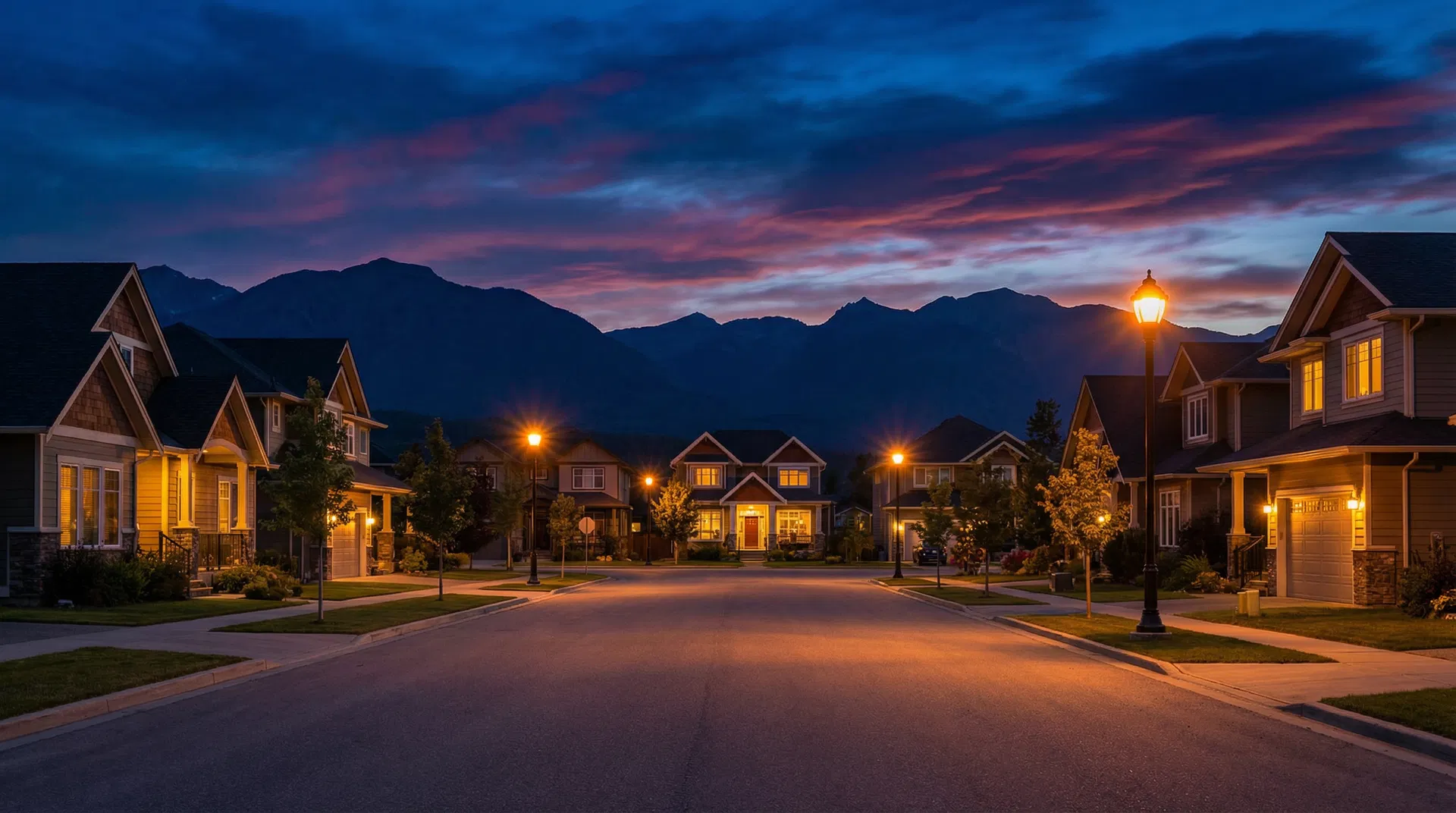 Aerial view of a Cranbrook BC neighbourhood with tree-lined streets and Rocky Mountains in the background