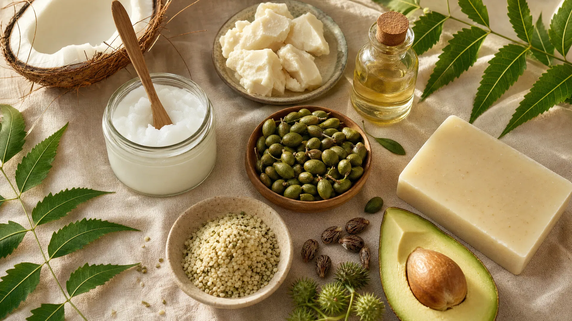 Natürliche Inhaltsstoffe der Fellnase Hundeseife: Bio-Kokosöl, Neemöl, Sheabutter, Olivenöl, Hanföl