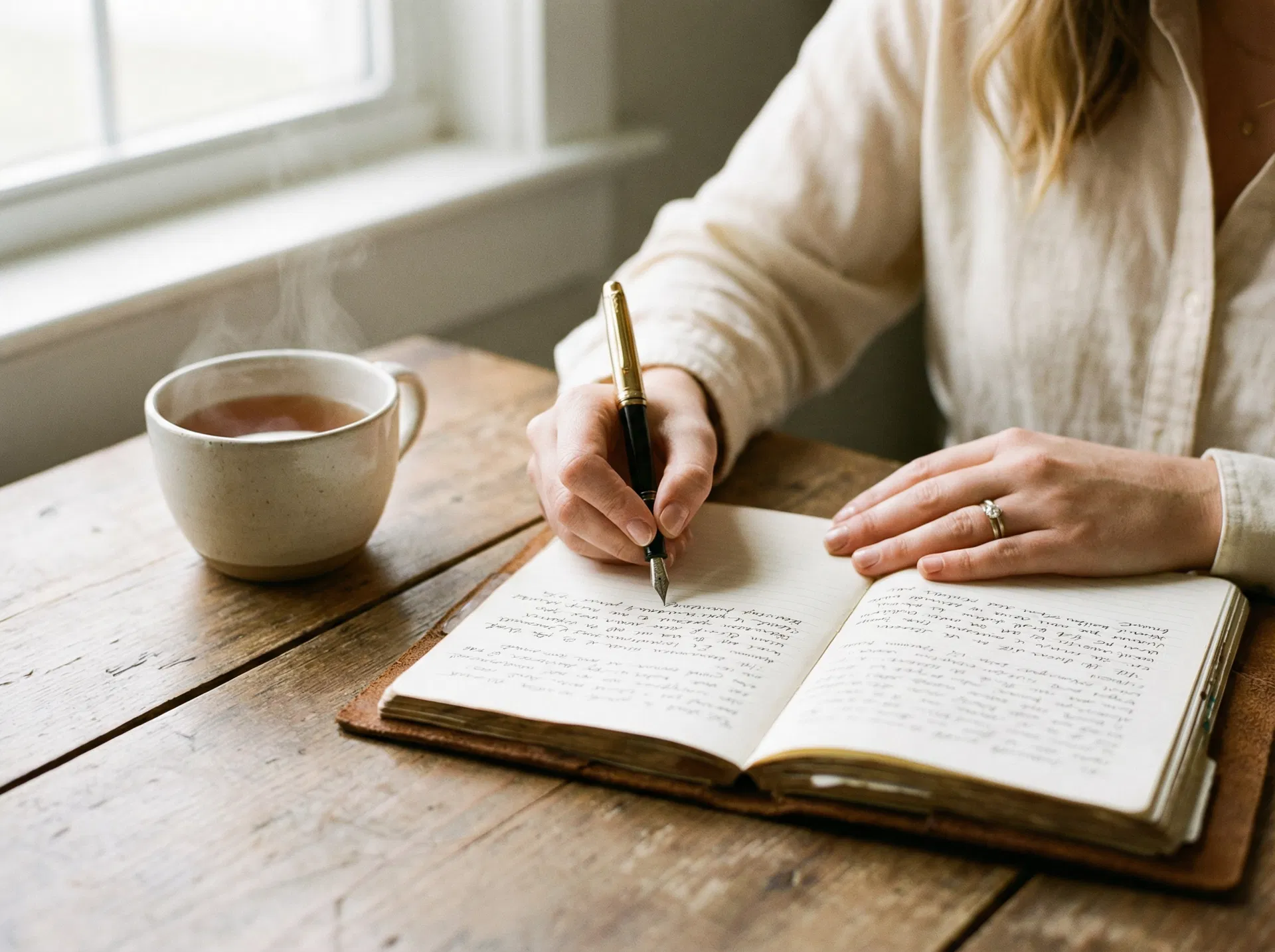 Woman writing in a journal by a window with a cup of tea
