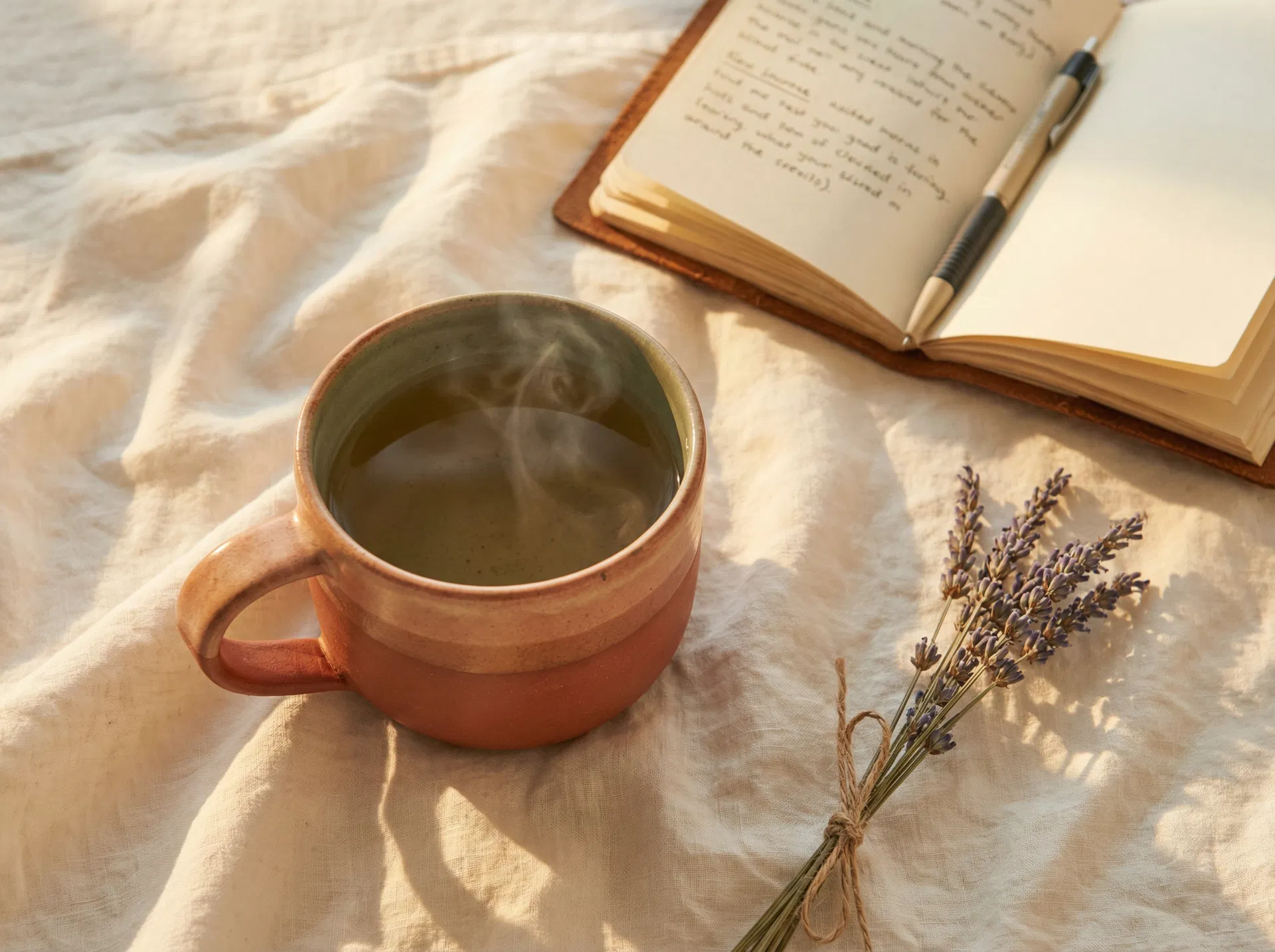 Morning wellness ritual with tea, journal and lavender