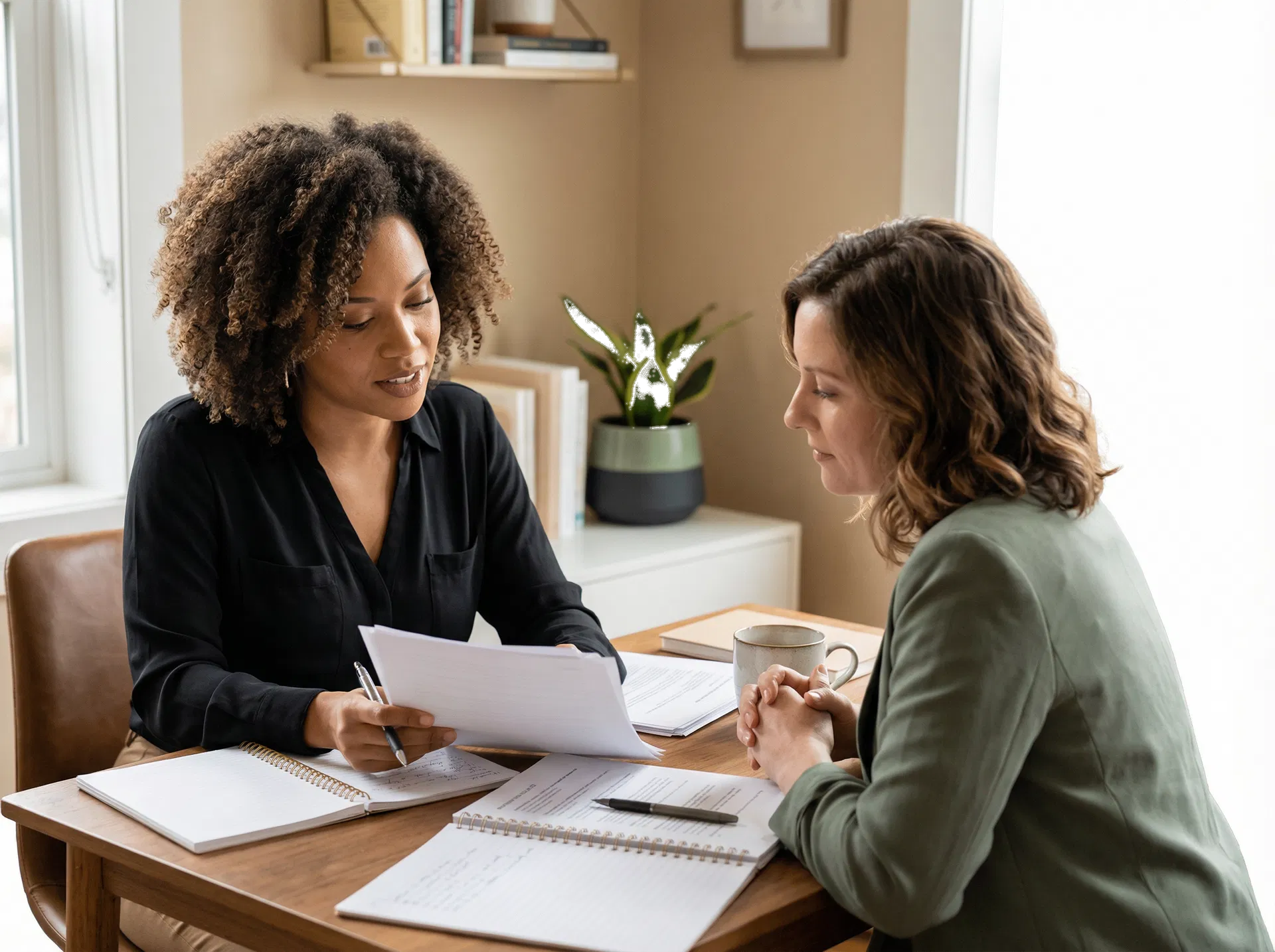 Kali Patrice in a warm advisory session reviewing materials with another woman
