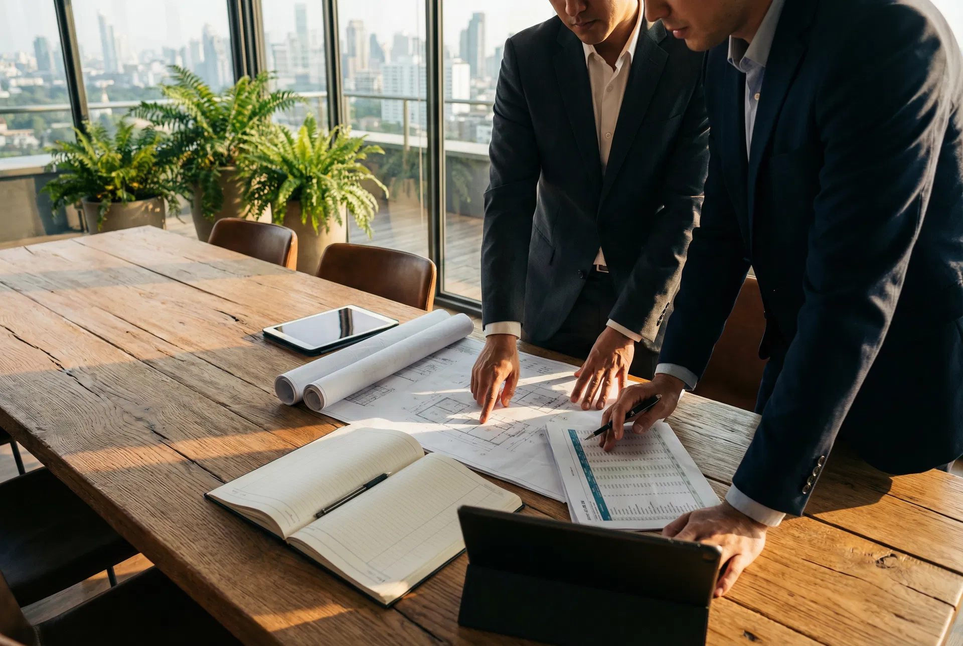 Real estate partners reviewing blueprints