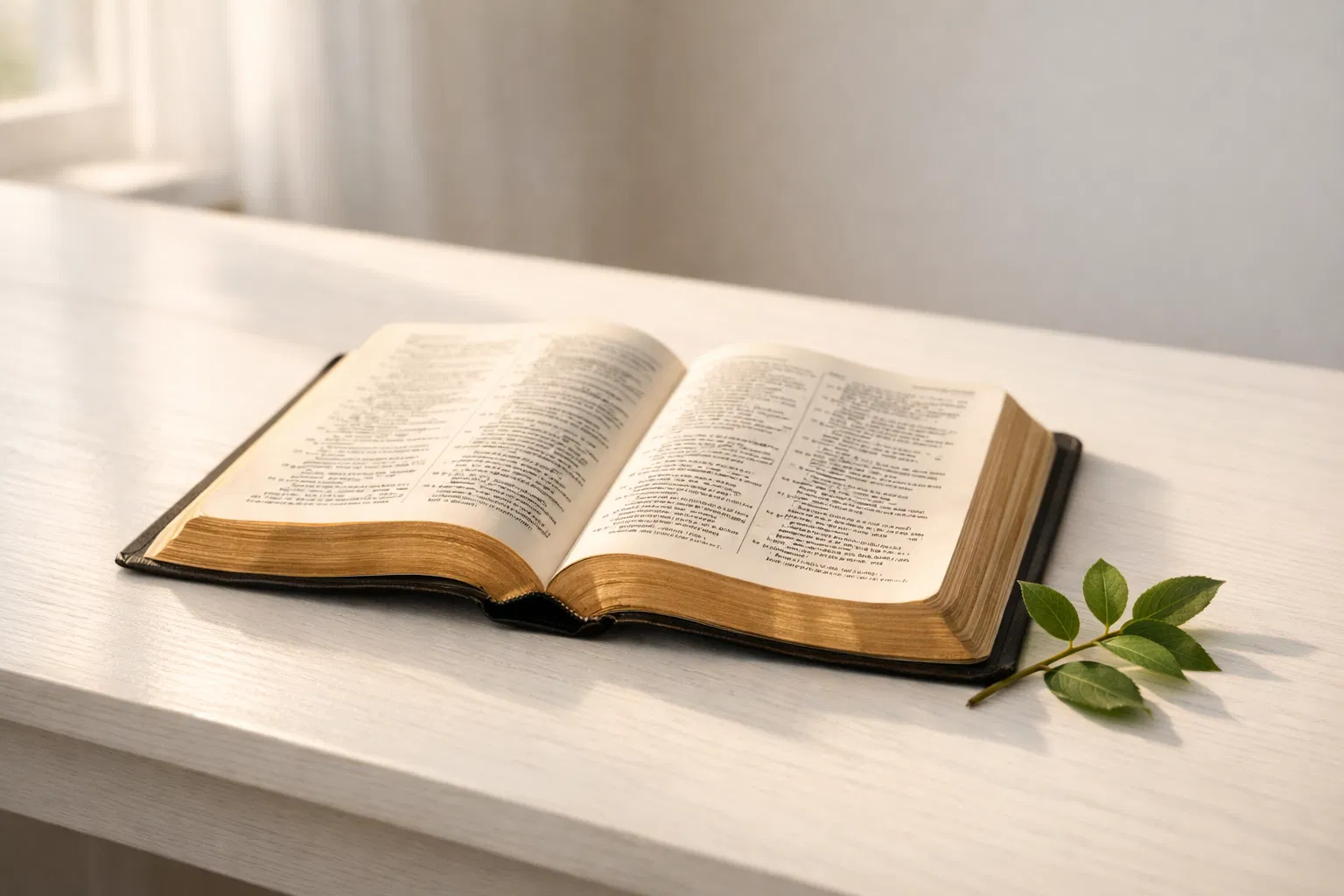 Open Bible on a clean white desk with natural light