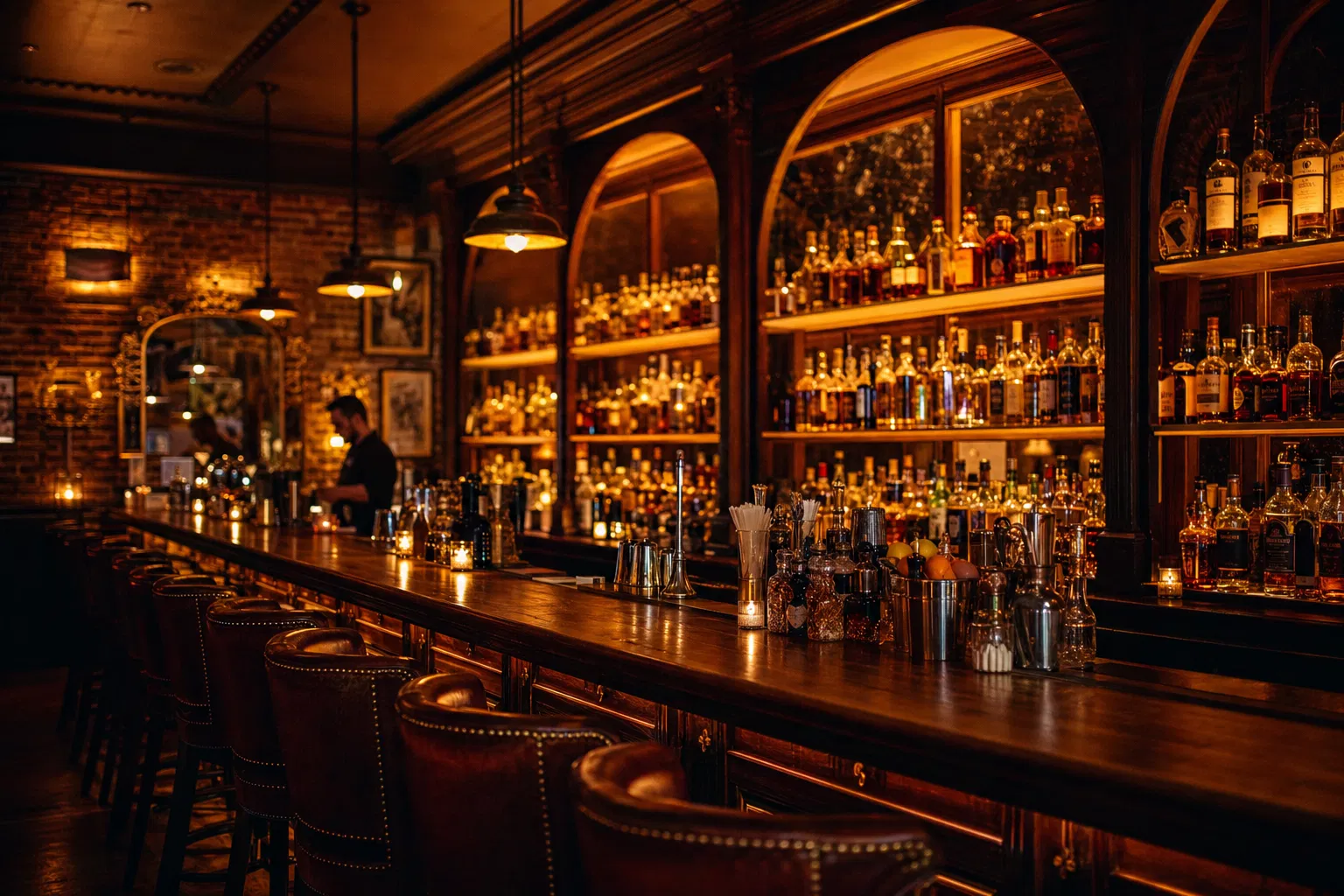 Jane bar interior with arched shelves and warm amber lighting